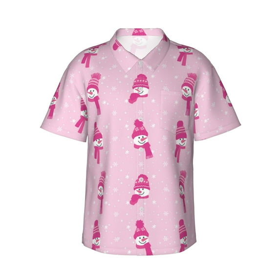 Fuzoiu Pink Scarf Snowman Print Hawaiian Shirt for Men, Summer Beach Casual Short Sleeve Button Down Shirts, Men’s Beach Summer Shirts with Pocket,Medium