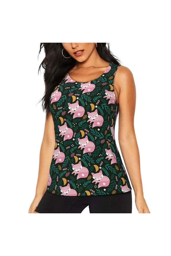Pink Sleeping Fox Print Women's Workout Tank Top,Athletic Racerback Sports Tank,Tops Sleeveless Running Loose Fit Yoga Tops,Active Shirts for Yoga, Running, and Gym-X-Large