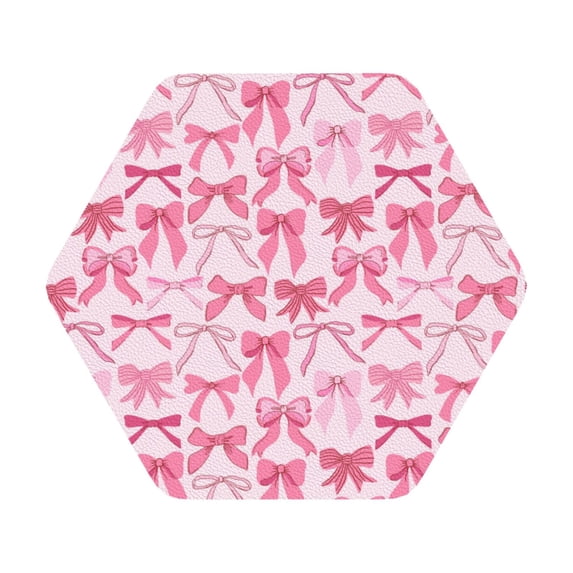 Fuzoiu Pink bows Print Leather Coasters Set,Drink Coasters Set of 6,for Tabletop Protection, Durable PVC Coasters,Home Décor and Housewarming Gift,Hexagon