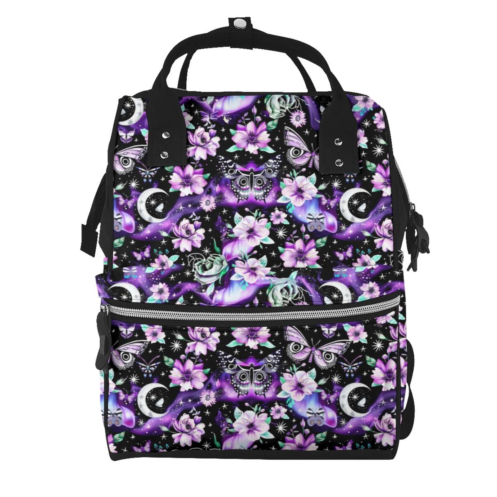 Fuzoiu Pink purple rainbow flower butterfly Print Diaper Bag Backpack,Baby Essentials Travel Tote,Multi function Waterproof Diaper Bag, Travel Essentials Baby Bag - Unisex