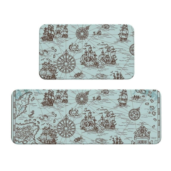 Fuzoiu Pirate Adventure Map Print Kitchen Floor Mat 2 Sets,Kitchen Rugs and Mats,,Non Skid Waterproof Kitchen Floor Mat for Kitchen,Home Office,Sink,Laundry