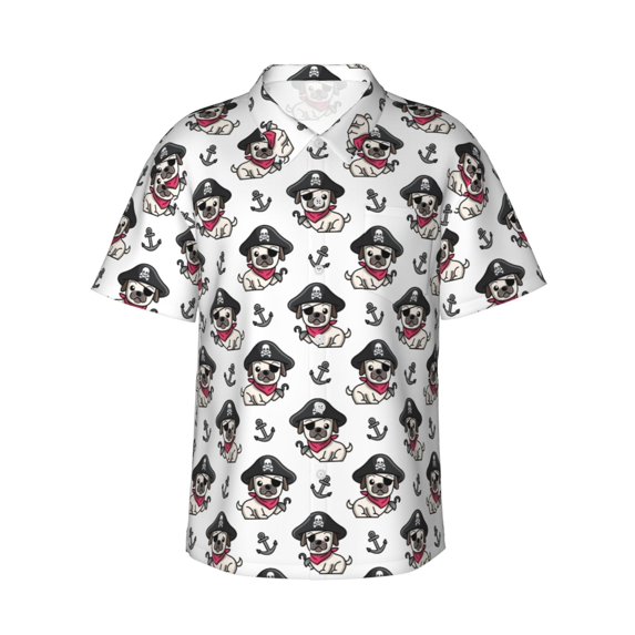 Fuzoiu Pirate Puppy Print Hawaiian Shirt for Men, Summer Beach Casual Short Sleeve Button Down Shirts, Men’s Beach Summer Shirts with Pocket,3X-Large