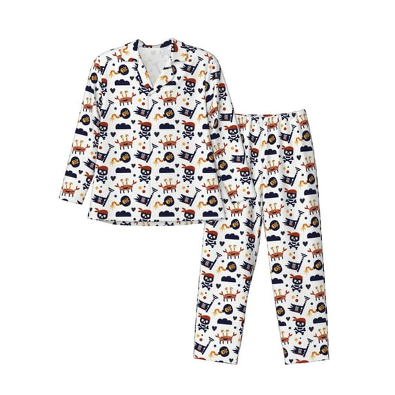 Fuzoiu Pirate Theme Print Men's Long-Sleeved Pajama,Lounge Button Down Nightwear,Mens Notch Collar Pajama Set -XX-Large