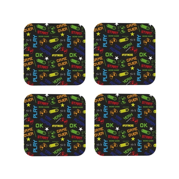 Fuzoiu Pixel Game Print Leather Coasters Set,Drink Coasters Set of 4,for Tabletop Protection, Durable PVC Coasters,Home Décor and Housewarming Gift-Square