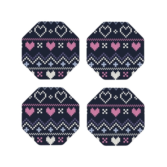 Fuzoiu Pixel Heart Winter Print Leather Coasters Set,Drink Coasters Set of 4,for Tabletop Protection, Durable PVC Coasters,Home Décor and Housewarming Gift-Octagon