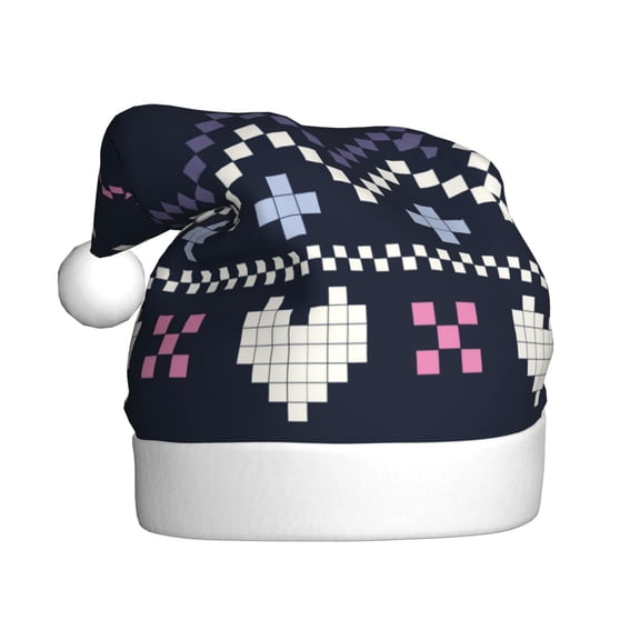 Fuzoiu Pixel Heart Winter Print Santa Hat Christmas Hat for Adults,Santa Hats with Pompom, Unisex Xmas Holiday Hat for Christmas New Year Festive Party Supplies