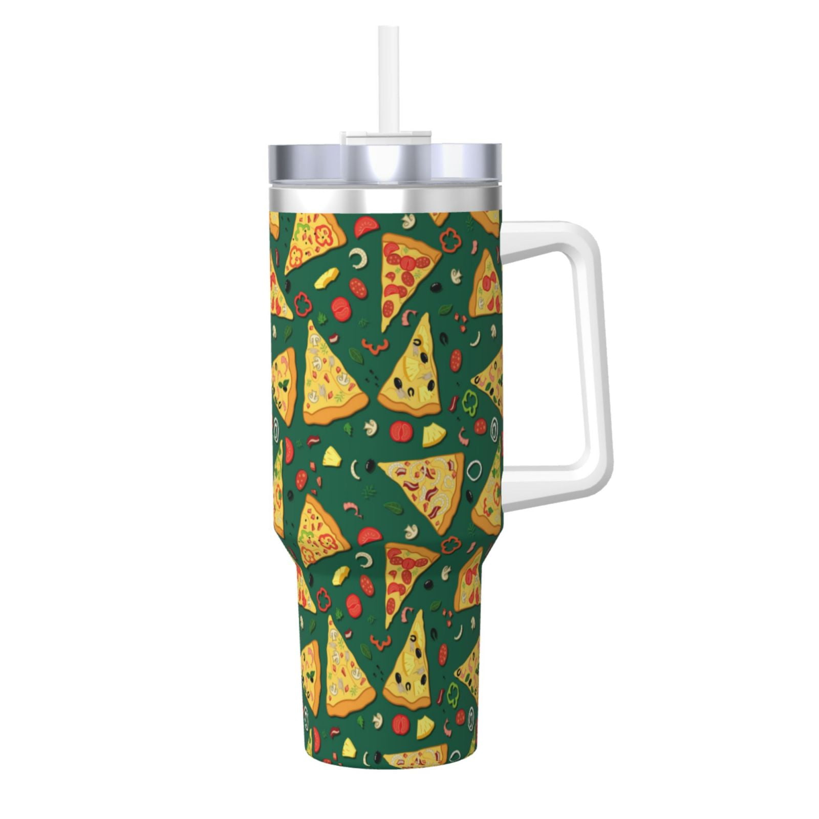 Fuzoiu Pizza Print 40OZ Ice Bully Stainless Steel Insulated Cup with Handle and Straw - Perfect ...