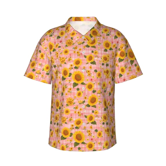 Fuzoiu Plaid Sunflower Print Hawaiian Shirt for Men, Summer Beach Casual Short Sleeve Button Down Shirts, Men’s Beach Summer Shirts with Pocket,XX-Large