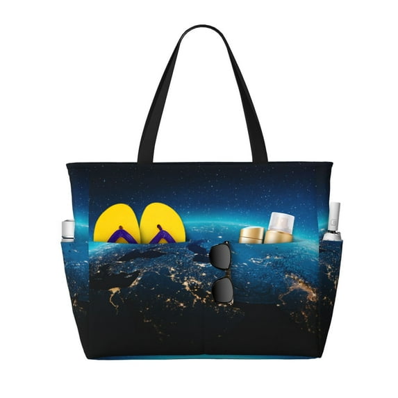 Fuzoiu Planet Earth Print Waterproof Beach Tote Bag for Women Girls with Zipper,Sandproof Pool Swim Bag,Large Capacity Beach Travel Bag for Pool Swim Travel Everyday