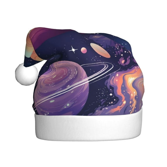 Fuzoiu Planet Pastel Galaxy Print Santa Hat Christmas Hat for Adults,Santa Hats with Pompom, Unisex Xmas Holiday Hat for Christmas New Year Festive Party Supplies