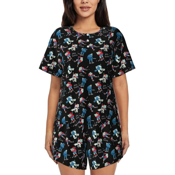 Fuzoiu Play Hockey Print Women's Short-Sleeved Pajama Set,Lounge Sleepwear Set,Womens Pajama Sets 2 Piece,Button-Up Top and Shorts with Pockets-3X-Large