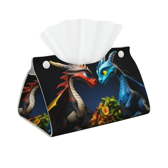 Fuzoiu Playful Colorful Dragons Flowers Print Tissue Box Cover, PU Leather Tissue Holder,Decorative Facial Paper Organizer for Bathroom Living Room Bedroom Countertop Office Desk Car Home