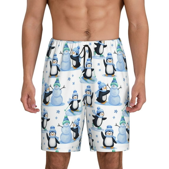 Fuzoiu Playful Penguins and Snowmen Print Pajama Shorts for Men, Men's Pajama Bottoms,Mens Lounge Sleepwear,Pajama Pants with Pocket-Medium