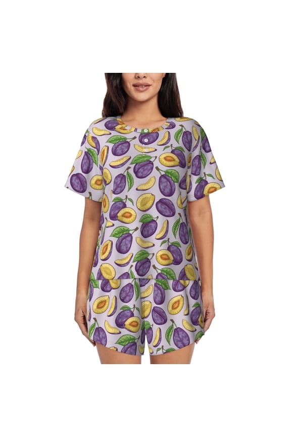 Plum Print Women's Short-Sleeved Pajama Set,Lounge Sleepwear Set,Womens Pajama Sets 2 Piece,Button-Up Top and Shorts with Pockets-Small