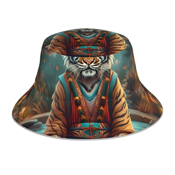 Fuzoiu Pond Meditating Tiger Print Reflective Bucket Hat,Outdoor Hat for Men and Women,Bucket Hat for Travel Fishing Hunting Summer Camp