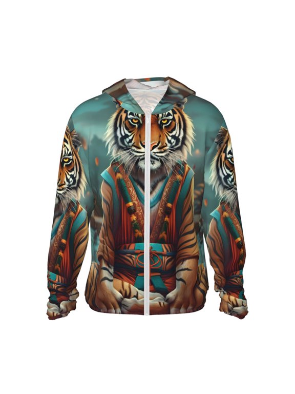Pond Meditating Tiger Print Unisex Sun Protection Hoodie,UPF 50+ Light Jacket,Full Zip Sun Protection Hoodie,Long Sleeve Sun Shirts,for Outdoor Activities-Large