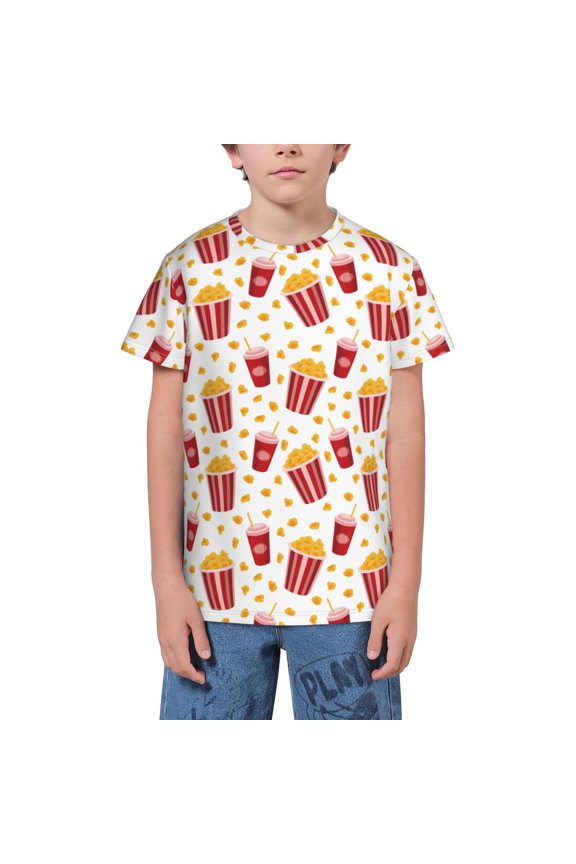 Popcorn Print Youth Short Sleeve T-Shirt,Youth Dry-Fit Active Athletic T-Shirt,Short Sleeve Tops Tees for School, Sports, and Casual Wear