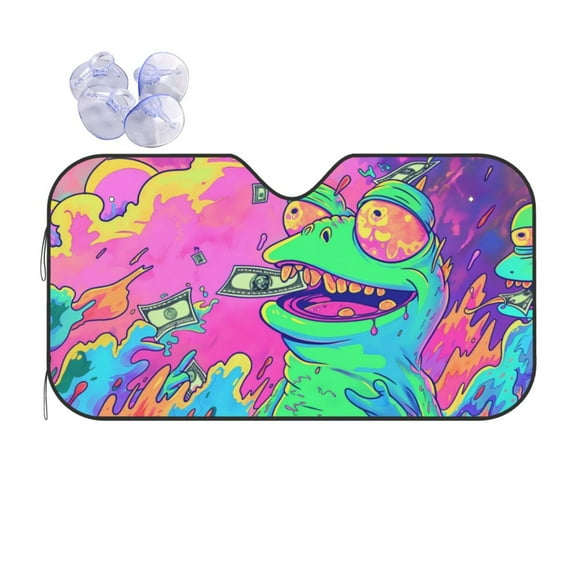 Fuzoiu Psychedelic Cartoon Frog Print Car Windshield Sun Shade,Block Uv Rays Sunshade,Foldable Front Window Sun Visor Protector for Car,SUV,Truck-Keep Vehicle Cool-Psychedelic Cartoon Frog
