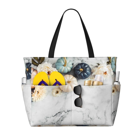 Fuzoiu Pumpkin And White Marble Print Waterproof Beach Tote Bag for Women Girls with Zipper,Sandproof Pool Swim Bag,Large Capacity Beach Travel Bag for Pool Swim Travel Everyday