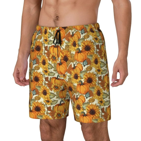 Fuzoiu Pumpkins And Sunflowers A Print Men's Swim Shorts,Quick-Dry Double-Layer Swim Trunks,Board Trunks,Beach Shorts Swimwear Bathing Suits-Large