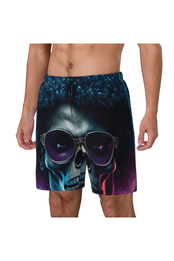 Punk Style Blue Haired Skull Print Men's Swim Shorts,Quick-Dry Double-Layer Swim Trunks,Board Trunks,Beach Shorts Swimwear Bathing Suits-X-Large