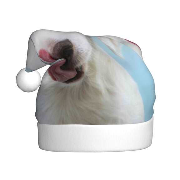 Fuzoiu Puppy Licks Nose Print Santa Hat Christmas Hat for Adults,Santa Hats with Pompom, Unisex Xmas Holiday Hat for Christmas New Year Festive Party Supplies