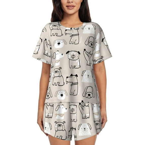 Fuzoiu Puppy Print Women's Short-Sleeved Pajama Set,Lounge Sleepwear Set,Womens Pajama Sets 2 Piece,Button-Up Top and Shorts with Pockets-XX-Large