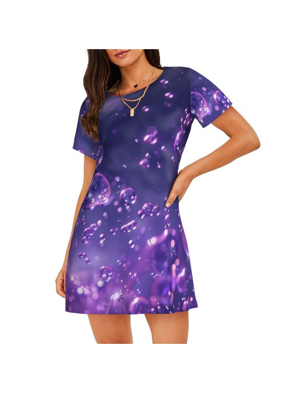 Purple Bubble Abstract Art Print Women Nightgowns, Soft Comfy Lightweight Short Sleeves Sleepwear,Crew Neck Loungewear