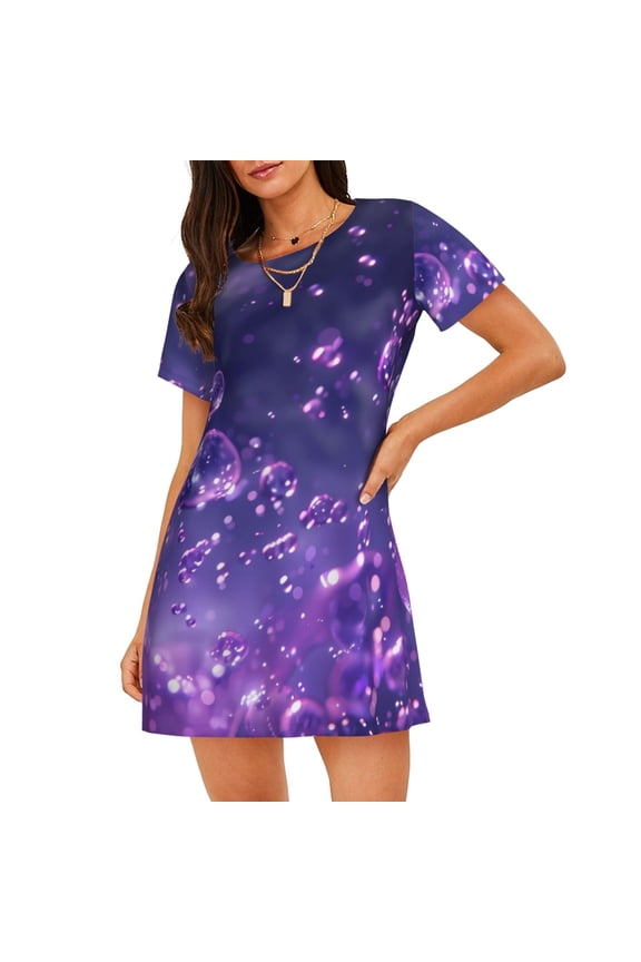 Purple Bubble Abstract Art Print Women Nightgowns, Soft Comfy Lightweight Short Sleeves Sleepwear,Crew Neck Loungewear