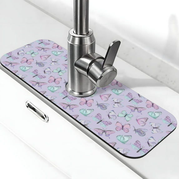 Fuzoiu Purple Butterfly Print Kitchen Faucet Suction Pad, Sink Splash Guard Faucet Mat, Faucet Handle Drip Catcher Tray Drying Mat For Bathroom Kitchen Bathroom Countertop