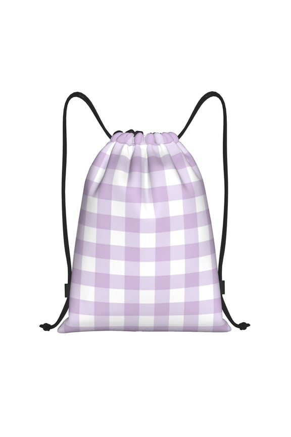 Purple Checkboard Print Drawstring Backpack for Gym, Travel, Yoga,Sports Sackpack String Bag for Women Men-Medium