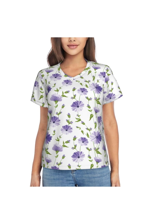 Purple Chicory Print Women's Classic V-Neck T-Shirt, Short Sleeve V Neck Tees for Casual Everyday Wear,Casual Fit Tee,Summer Fashion Tops-Large