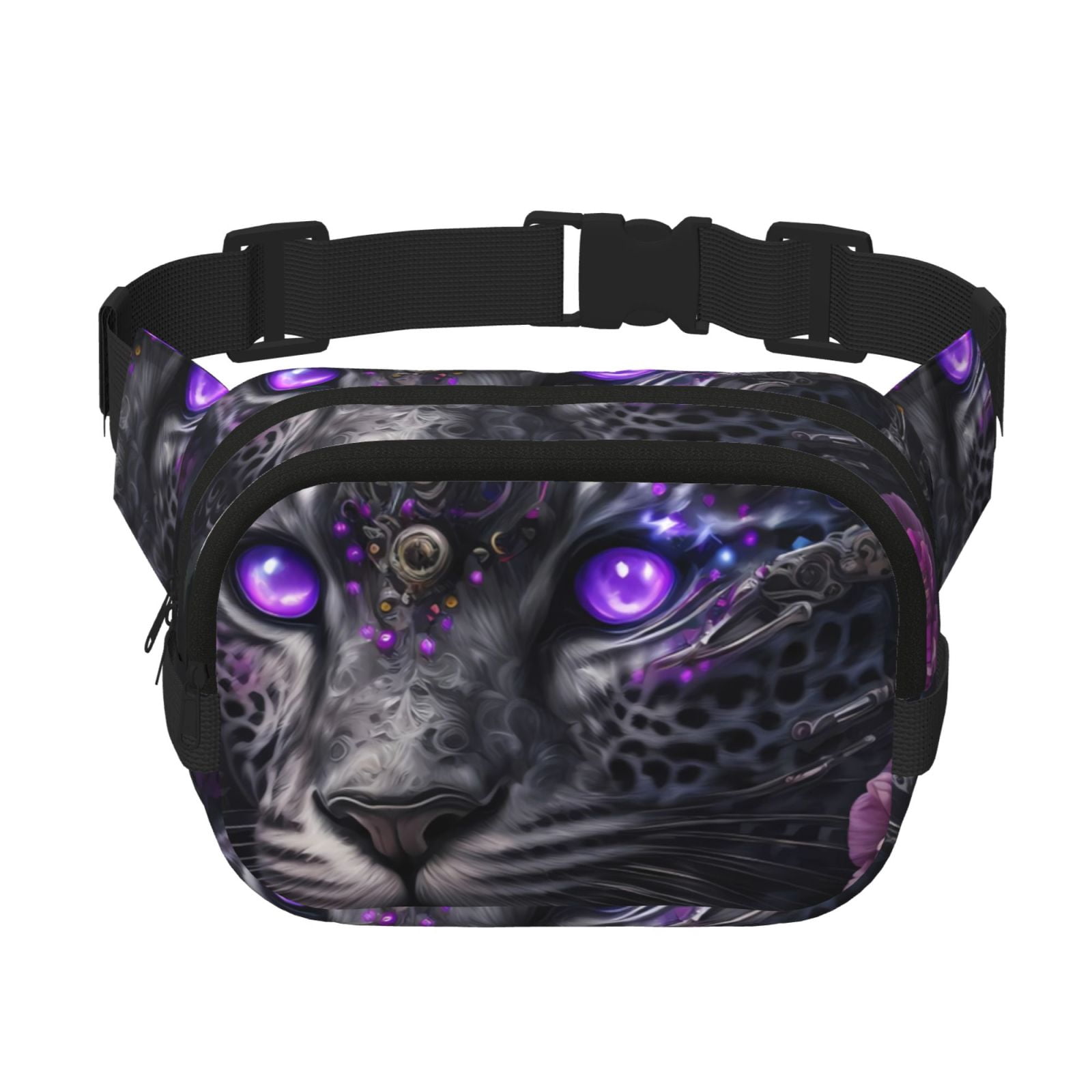 Fuzoiu Purple-Eyed Floral Leopard Print Unisex Square Double Layer Waist Bag,Crossbody Fanny Pack Travel Workout Accessory