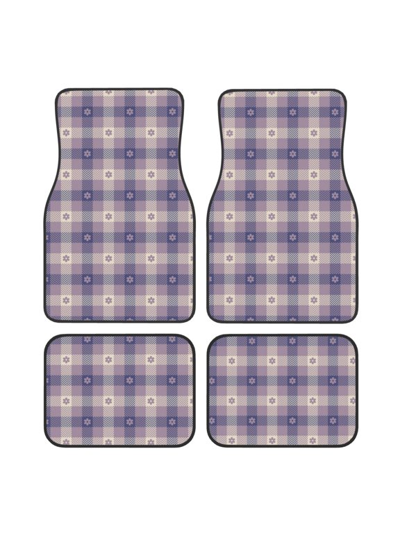 Purple Floral Gingham Check Plaid Print Carpet Floor Mats for Car,Car Foot Mat Set,Universal Fit 4 Piece Mat Pad Set,Fits Most Cars Trucks Vans Sedans SUV Auto Carpet Mat Se