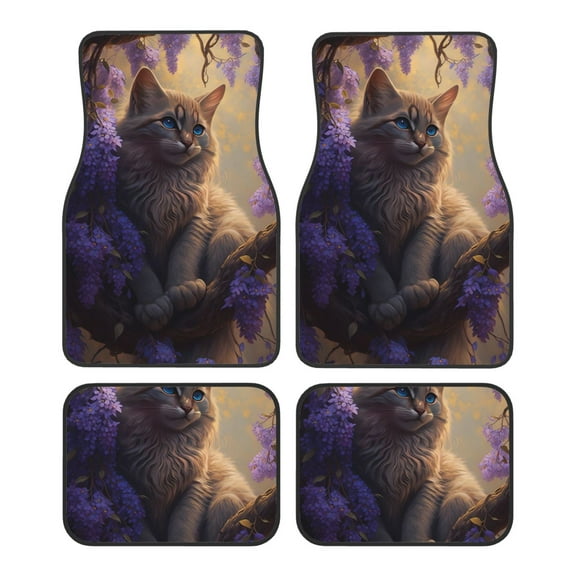 Fuzoiu Purple Flower Lazy Cat Print Carpet Floor Mats for Car,Car Foot Mat Set,Universal Fit 4 Piece Mat Pad Set,Fits Most Cars Trucks Vans Sedans SUV Auto Carpet Mat Se