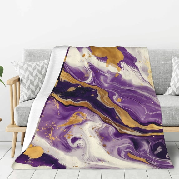 Fuzoiu Purple Gold Marble Swirls Print Flannel Throw Blanket,Light Weight Warm Decorative,Throw Blanket Cover for Sofa, Couch, Bedroom,Travel-50"x40"