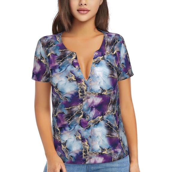 Fuzoiu Purple Marble Texture Print Women's V-Neck T-Shirt,Women's Short Sleeve Top, Comfortable for Work, Leisure, and Sports