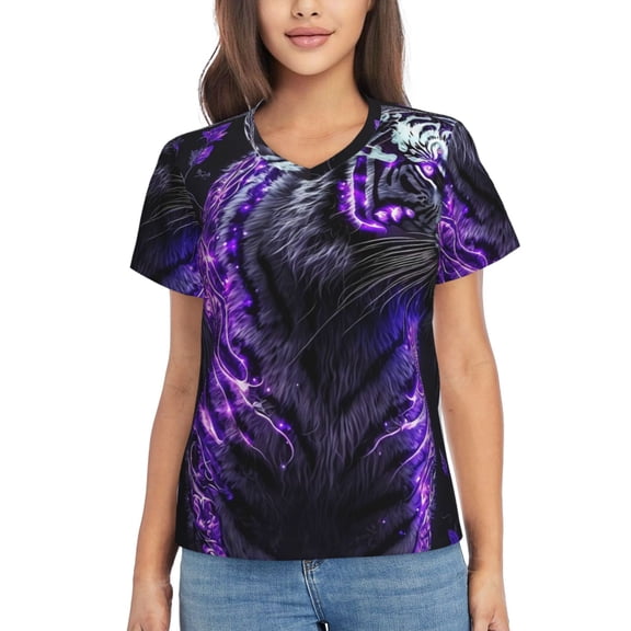Fuzoiu Purple Plant White Tiger Print Women's Classic V-Neck T-Shirt, Short Sleeve V Neck Tees for Casual Everyday Wear,Casual Fit Tee,Summer Fashion Tops-Large