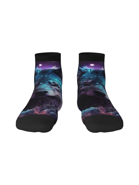Purple Sky Wolf Print Adult Socks, Crew Moisture-wicking Socks, Unisex Cushion Crew Socks,Casual Sports Ankle Socks