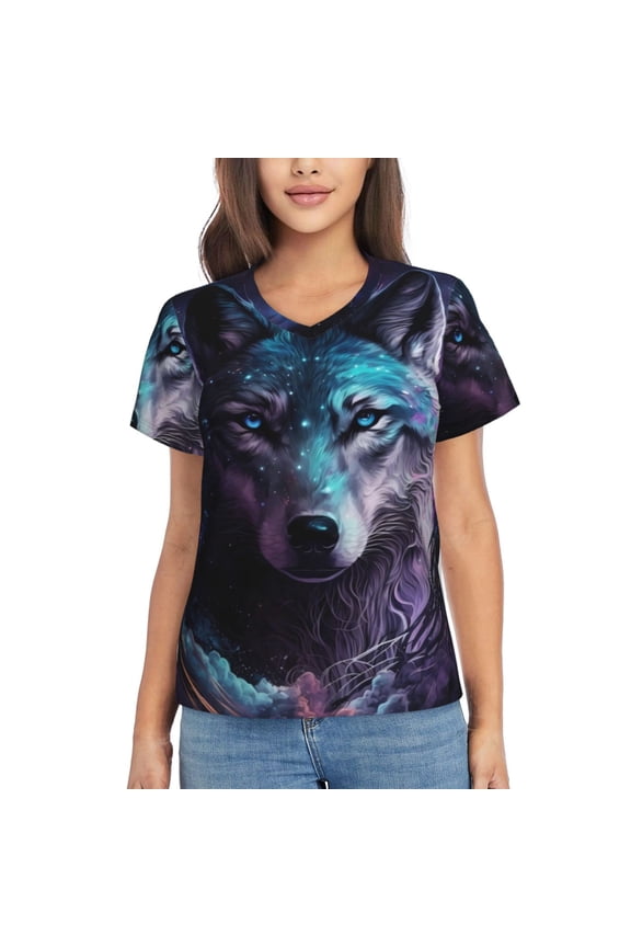 Purple Sky Wolf Print Women's Classic V-Neck T-Shirt, Short Sleeve V Neck Tees for Casual Everyday Wear,Casual Fit Tee,Summer Fashion Tops-Large