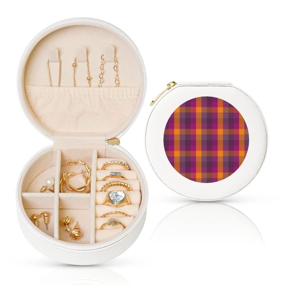Fuzoiu Purple Yellow Buffalo Plaid Print Portable Jewelry Box,Round Mini Leather Travel Jewelry Case,Small Travel Jewelry Organizer,Jewelry Holder for Ring Necklace Earring for Women Girls-White