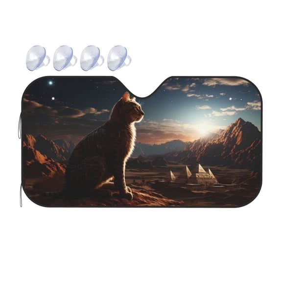 Fuzoiu Pyramid Desert Cat Print Car Windshield Sunshade,Foldable Reflective Sun Visor,Windshield Sun Shade,UV Rays Sun Visor Shade,Auto Front Sun Shield Shade-Small