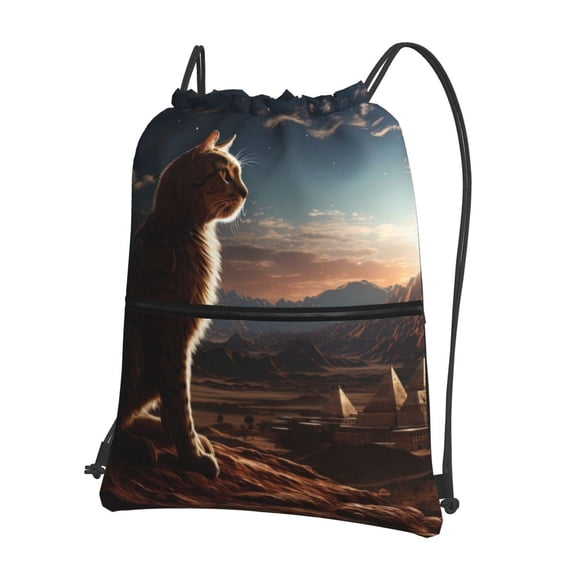 Fuzoiu Pyramid Desert Cat Print Drawstring Backpack Water Resistant String Bag Sports Sackpack Gym Sack for Men Women