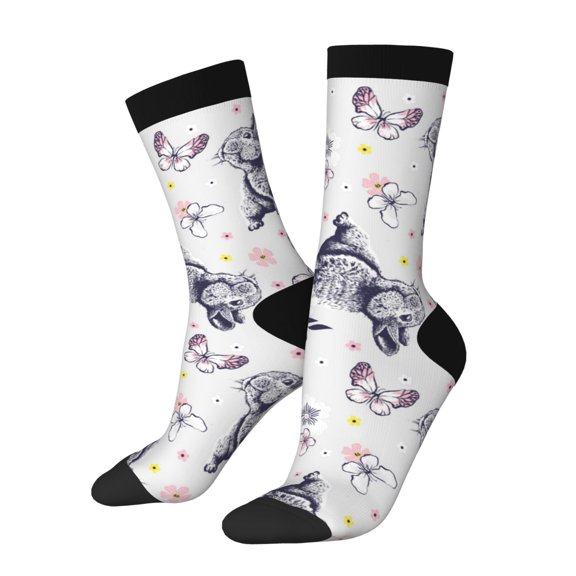 Fuzoiu Rabbit And Butterfly Print Athletic Crew Socks for Men & Women,Casual Crew Socks,Above Ankle Crew Socks for Business, Casual