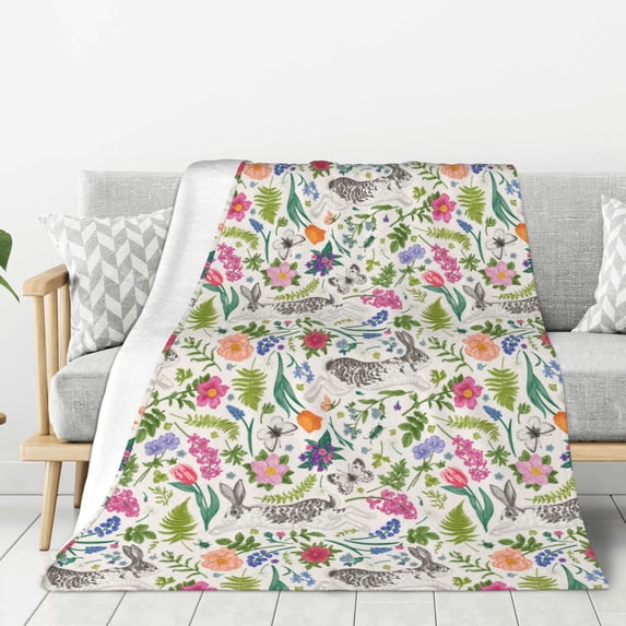 Fuzoiu Rabbit And Butterfly Print Flannel Throw Blanket,Light Weight Warm Decorative,Throw Blanket Cover for Sofa, Couch, Bedroom,Travel-60"x50"