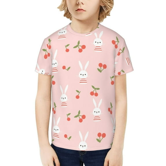 Fuzoiu Rabbit And Cherry Print Boys' Casual T-Shirt,Crewneck Undershirts,Boys Athletic Shirt,Short Sleeve T-Shirts for Outdoor Play