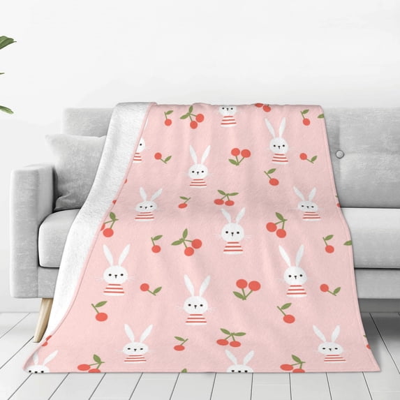 Fuzoiu Rabbit And Cherry Print Ultra-Soft Micro Fleece Blanket,All Seasons Flannel Throw, Lightweight Blanket for Bed, Sofa, Couch, Movie Night, Camping, and Travel-60"x50"