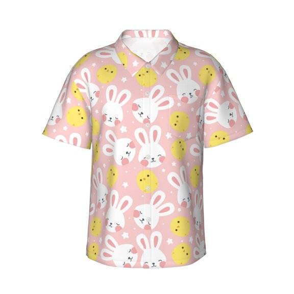 Fuzoiu Rabbit And Chick Print Hawaiian Shirt for Men, Summer Beach Casual Short Sleeve Button Down Shirts, Men’s Beach Summer Shirts with Pocket,3X-Large