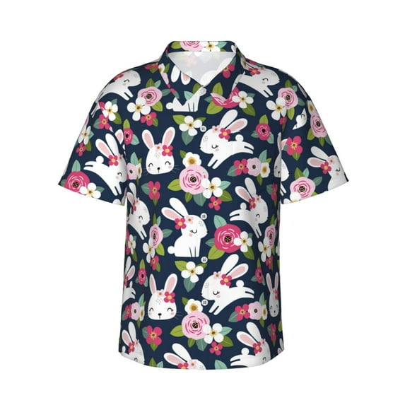 Fuzoiu Rabbit And Rose Print Hawaiian Shirt for Men, Summer Beach Casual Short Sleeve Button Down Shirts, Men’s Beach Summer Shirts with Pocket,Large