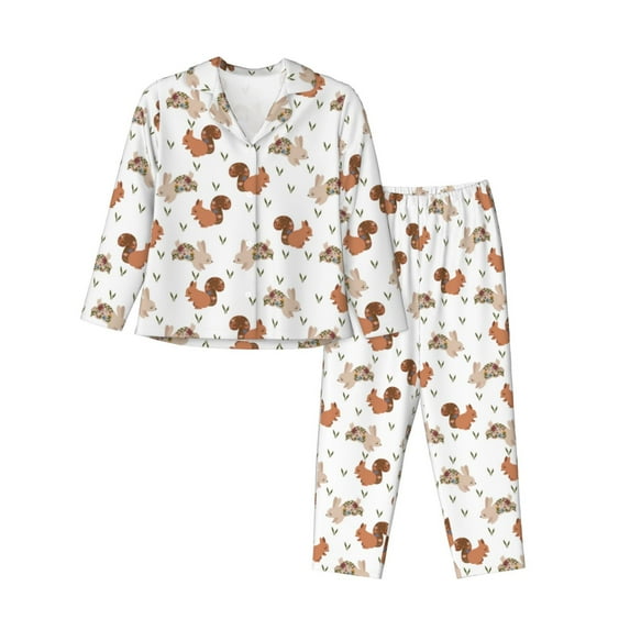 Fuzoiu Rabbit And Squirrel Print Women's Long-Sleeved Pajama,Lounge Button Down Nightwear,Womens Notch Collar Pajama Set-XX-Large